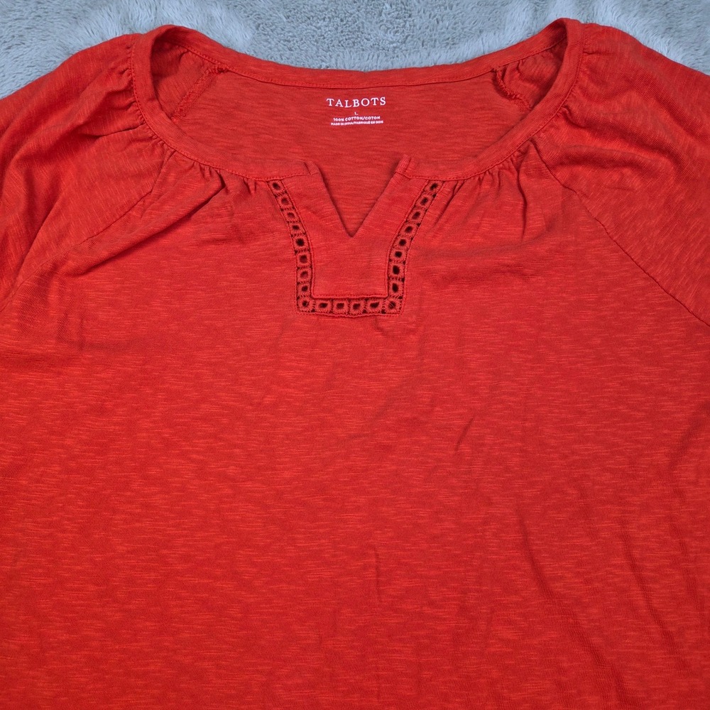 Talbots Knit Top Womens L Short Sleeve Split Neck Eyelet Slub Cotton‎ Orange Red